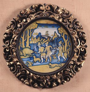 Piatto decorato con una scena di caccia, Officina di Deruta, c.1540-45 (maiolica) da Italian School