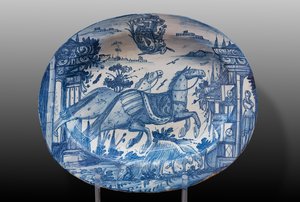 Piatto decorato con cavalli da corsa e uno stemma, prima metà del XVIII secolo (maiolica) da Italian School