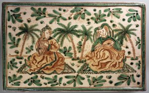 Piatto con musicisti in un palmeto, decorazione ispirata al periodo di Federico II, ceramica decorativa, 30 cm, manifattura Alessi, Caltagirone, Sicilia, Italia, XX secolo da Italian School