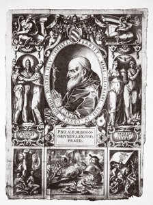 Papa Pio V, con vignette della Battaglia di Lepanto, da Vita del Gloriosissimo Papa Pio Quinto, pub. 1586
