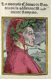 Ritratto del poeta italiano Dante Alighieri (1265-1321). Incisione. Frontespizio di “Il convivio” del 1554