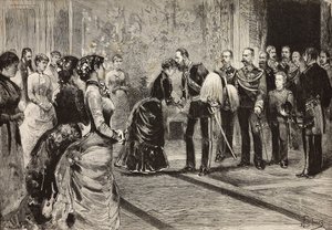 La regina Margherita e Umberto I ricevono il principe ereditario di Germania (futuro Federico III) al Quirinale, Roma, Italia, incisione da disegno di Dante Paolocci, da L