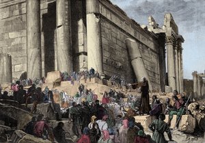 Rappresentazione di Arnaldo da Brescia (1090-1155), riformatore politico e religioso italiano, durante la predicazione. Nel 1145 predicò a Roma la rivolta contro Papa Eugenio III, che doveva essere cacciato e cercò di restaurare la Repubblica Romana da Italian School