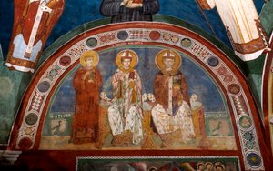 Rappresentazione di Santo Stefano, martire cristiano, San Tommaso Becket (1118-1170), arcivescovo di Canterbury e San Nicola di Myra o Bari (270-345). Affresco anonimo (XIII secolo). Chiesa inferiore. Monastero di San Benedetto (Sacro Speco), Subiaco (Roma da Italian School