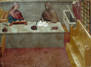 Rappresentazione di un camerlingo, assistente di un copista Dipinto anonimo su legno di una Biccherna (copertina del registro contabile della città di Siena) 1388. Siena Archivio di Stato, Italia da Italian School