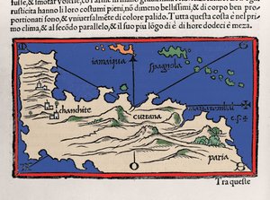 Rappresentazione delle Isole Caraibiche e delle coste del Venezuela. Isolario (mappa delle isole) di Benedetto Bordone. Venezia 1547