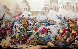 Risorgimento: Le battaglie di Palermo del 26 maggio 1860. Spedizione dei Mille (camicie rosse). Giuseppe Garibaldi (1807-1882) tra Palermo e il popolo in rivolta si unì a lui per combattere i soldati del regno borbonico di Napoli. Incisione del 19° secolo da Italian School