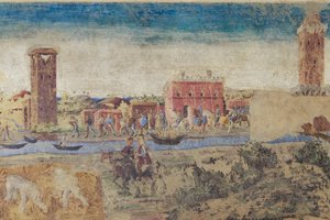 Fiume, torri e vita campestre (dettaglio), Sala dei Mesi, Sezione inferiore: Scene di vita della corte di Borso d