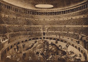 Roma / Rome: Interno del Colosseo, La Caccia alle Fiere, ricostruzione storica (litho) da Italian School