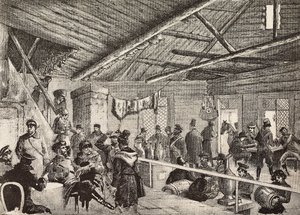 Soldati russi in una taverna vicino alle fortificazioni di Varsavia, Polonia, incisione da schizzo di Fritzmann, da L