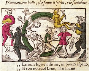Cerimonia del sabato con streghe. Incisione di Olaus Magnus (1490 - 1557), religioso e geografo svedese, “Historia de Gentis Septentrionalibus”, Venezia da Italian School