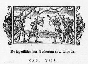 Scandinavi che usano le loro frecce per allontanare il tuono, da Historia de Gentibus Septentrionalibus di Olaus Magnus, pubblicato a Roma, 1555 da Italian School