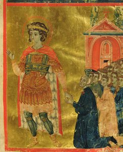 Alcuni fratelli che pregano San Teodoro, da una Mariegola, 1350 da Italian School