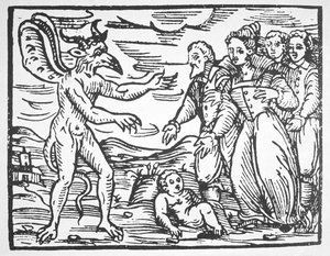 Stregoni che presentano un bambino al Diavolo, da Compendium Maleticarum di Fr M Guaccius (1608) illustrato in una storia della magia pubblicata alla fine del XIX secolo da Italian School