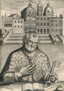 San Pietro davanti alla Basilica di San Pietro da Septem Urbis Ecclesiae Primariae, pub. 1599 da Italian School