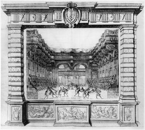Scenografia di Giacomo Torelli (1608-78) per la Finta Pazza rappresentata nel 1645 al Theatre Petit Bourbon di Parigi, 1654 da Italian School