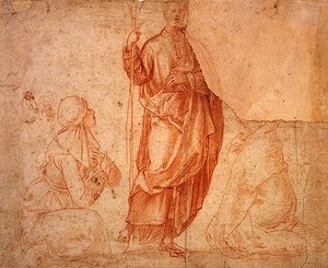 Santo in piedi con due supplicanti