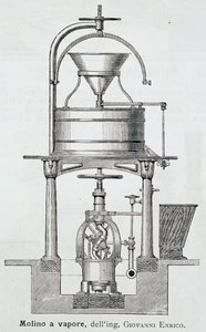 Mulino a vapore progettato da Giovanni Enrico (1851-1909), incisione Italia