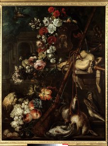 Natura morta di fiori, selvaggina e fucile. Dipinto della Scuola Italiana del XVII secolo. Bayonne, Museo Bonnat da Italian School