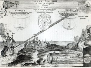 Lo specchio ustorio di Archimede, illustrazione da Ars Magna Lucis et Umbrae, di Athanasius Kircher (1601-80) Roma, 1646 da Italian School