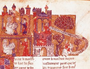 Il filosofo greco Aristotele insegna ai suoi studenti la morale e il disprezzo per le donne (misoginia) (miniatura da un manoscritto italiano del XIV secolo)