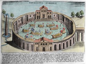 La Naumachia di Nerone, rappresentazione di una battaglia navale a Roma. Incisione (XVII secolo).