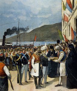 Il Principe di Napoli - poi Vittorio Emanuele III - riceve a Rijeka, secondo la tradizione, pane e sale dalla famiglia di Elena del Montenegro. da Italian School