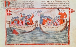 La battaglia di Meloria, miniatura dalle Nuove Cronache di Giovanni Villani, Italia XIV secolo da Italian School