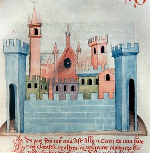 La città di Cherasco nella provincia di Cuneo in Piemonte in Italia. Chiesa e mura e torre di fortificazione della città medievale. Pagina del Codex Astensis o Malabayla. Miniatura del XIII secolo. Asti, Archivio Storico Comunale