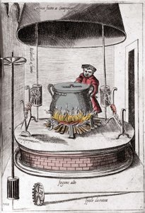 La cucina sotto una campana. Incisione da "Opera", libro di gastronomia diviso in 6 parti, di Bartolomeo Scappi, cuoco personale di Papa Pio V. Venezia da Italian School