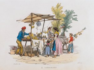 Il torronaro (venditore di torrone) (incisione) da Italian School