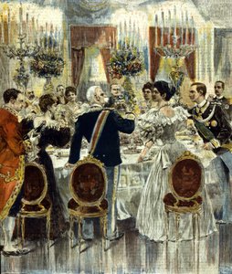 Il banchetto nuziale degli sposi Vittorio Emanuele III ed Elena del Montenegro si tiene al Palazzo del Quirinale, Roma. 1896.