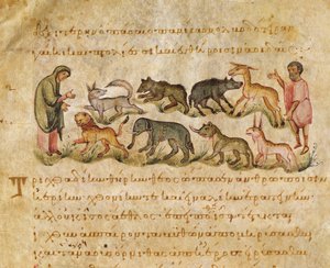 Trattato sulle molte specie animali che abitano la terra, illustrazione dal Cynegetica di Oppiano