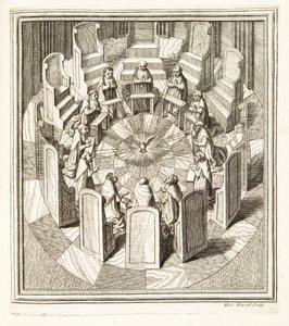 Dodici giudici della Rota che pregano in una sala circolare attorno allo Spirito Santo, pub. 1717 da Italian School