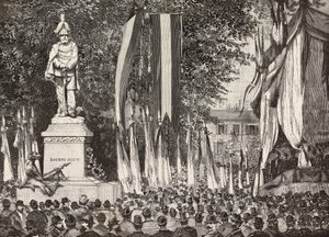 Inaugurazione del monumento al Generale Giacomo Medici, Milano, incisione da disegno di Edoardo Ximenes da fotografia di Rossi, da L