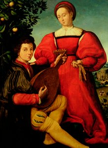 Dama veneziana e suonatore di liuto da Italian School