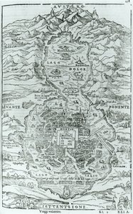 Vista da nord della città azteca di Tenochtitlan, da Relazione della Città di Temistitan di Giovanni Battista Ramusio (1485-1557) pubblicato a Venezia nel 1606 da Italian School