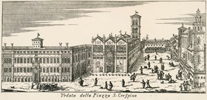 Veduta di Piazza San Crispino e Cattedrale di Ferrara, incisione da Italian School