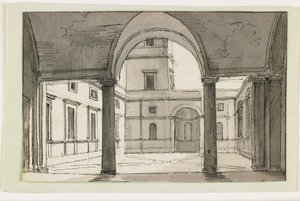 Veduta di un colonnato e cortile italiano, inizio XIX secolo