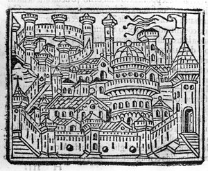 Veduta della città di Aosta in Italia. Incisione in "Supplemento alle cronache" di Fra Jacopo Filippo Foresti, Venezia da Italian School
