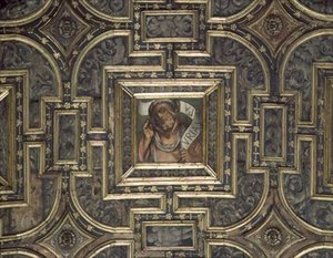 Vista del soffitto a cassettoni con pannelli dipinti da Pier Maria Pennacchi (1464-1514/15) da Italian School