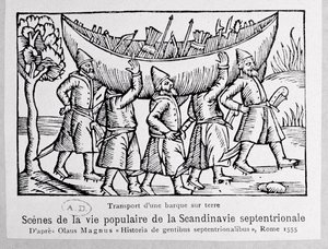I Vichinghi trasportano una barca in Russia, illustrazione da Historia de Gentibus Septentrionalibus di Olaus Magnus (1490-1558), pubblicata a Roma, 1555 da Italian School