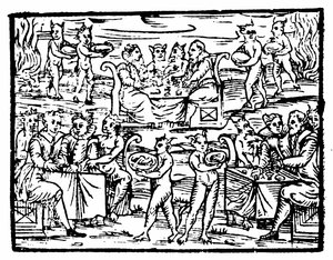 Streghe e stregoni che banchettano al sabba, illustrazione dal Compendium Maleficarum di Francesco Maria Guazzo, 1608