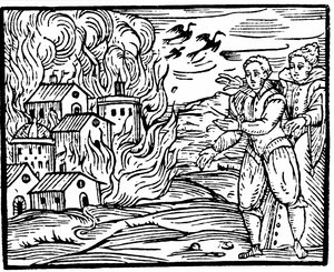 Streghe che distruggono una casa con il fuoco, Svevia nel 1533, illustrazione dal Compendium Maleficarum di Francesco Maria Guazzo, 1608 da Italian School