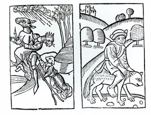 Streghe travestite da animali che cavalcano una scopa (sinistra) e stregone maschio che cavalca un lupo (destra), copie di illustrazioni dal Compendium Maleticarum di Fr M Guaccius, Milano 1608, usate in History of Magic