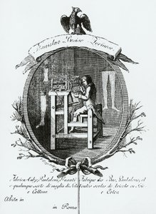 Lavoratore al telaio, immagine pubblicitaria di Stanislaus Bosisio Torinese, produttore di calze, pantaloni, guanti e ogni sorta di maglieria in seta e cotone, incisione, Italia da Italian School