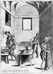 Lavorazione del latte (prodotto lattiero-caseario) in un luogo fresco. Incisione da "Opera", libro di gastronomia diviso in 6 parti, di Bartolomeo Scappi, cuoco personale di Papa Pio V. Venezia