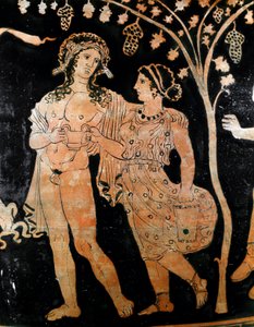 (dettaglio) di un vaso da Ruvo in Puglia raffigura una coppia di giovani sposi. Tengono in mano una coppa di vino. IV secolo a.C. Museo Archeologico Nazionale di Napoli
