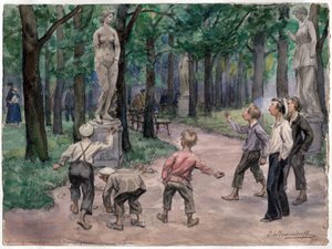Competizione sportiva nei giardini imperiali, San Pietroburgo (dei bambini lanciano sassi su una statua di donna nuda) da Ivan Alexeyevich Vladimirov