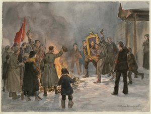 Soldati che bruciano dipinti (dalla serie di acquerelli Rivoluzione russa) da Ivan Alexeyevich Vladimirov